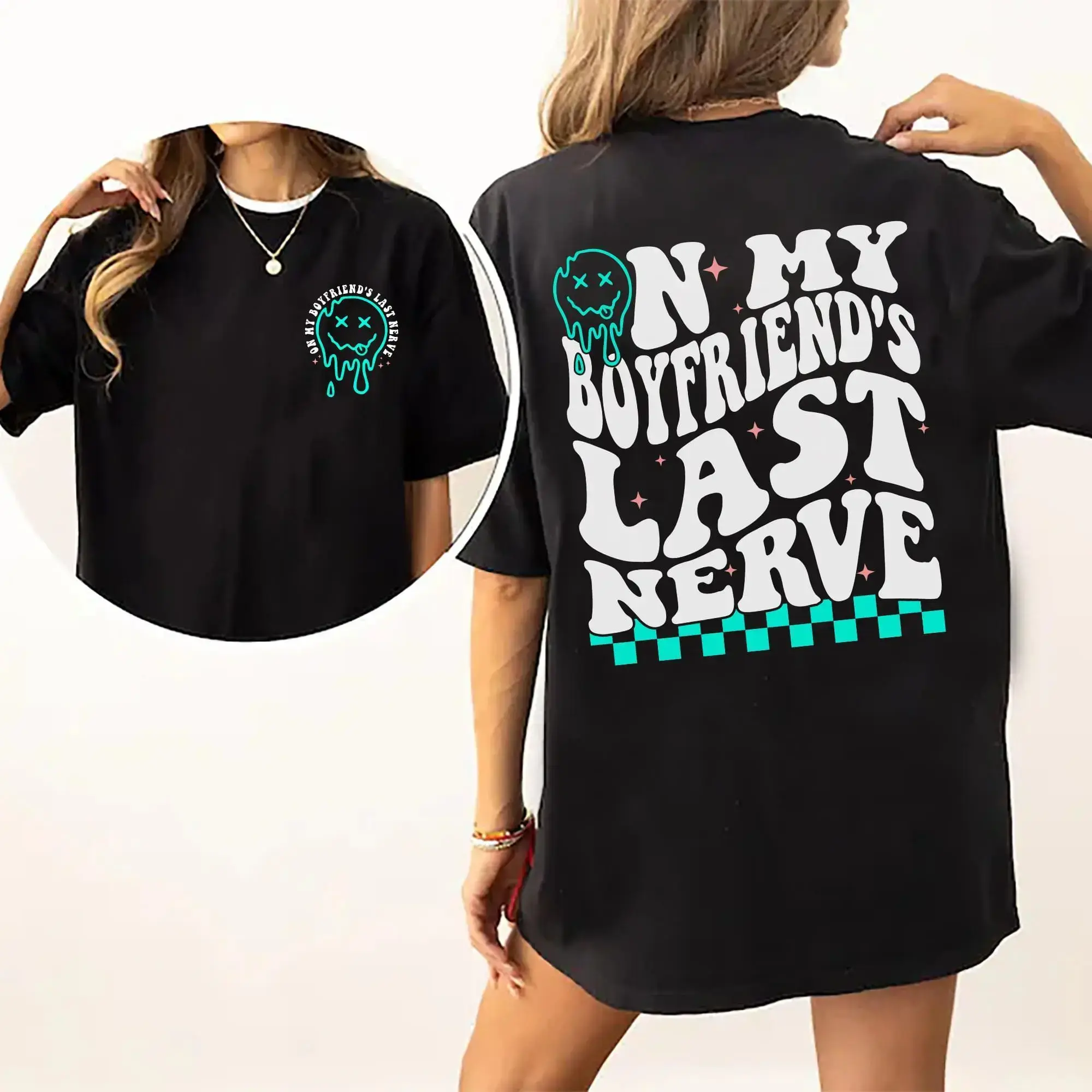 Double Sided Melting Smiley Relationship Quote Graphic Oversized Black Crew Neck Short Sleeve T-Shirt, Soft Casual Summer Daily Streetwear Cute Ladies Top