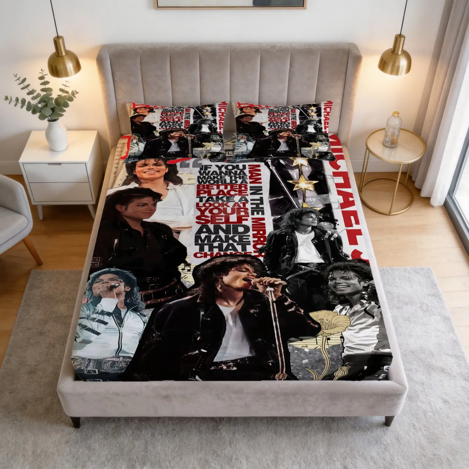3-Piece Michael Jackson Pattern Bed Sheet, Soft And Comfortable Home Bedding Set, Including 1 Bed Sheet And 2 Pillowcases, Non Slip Dust Cover, Suitable For Bedrooms And Guest Rooms
