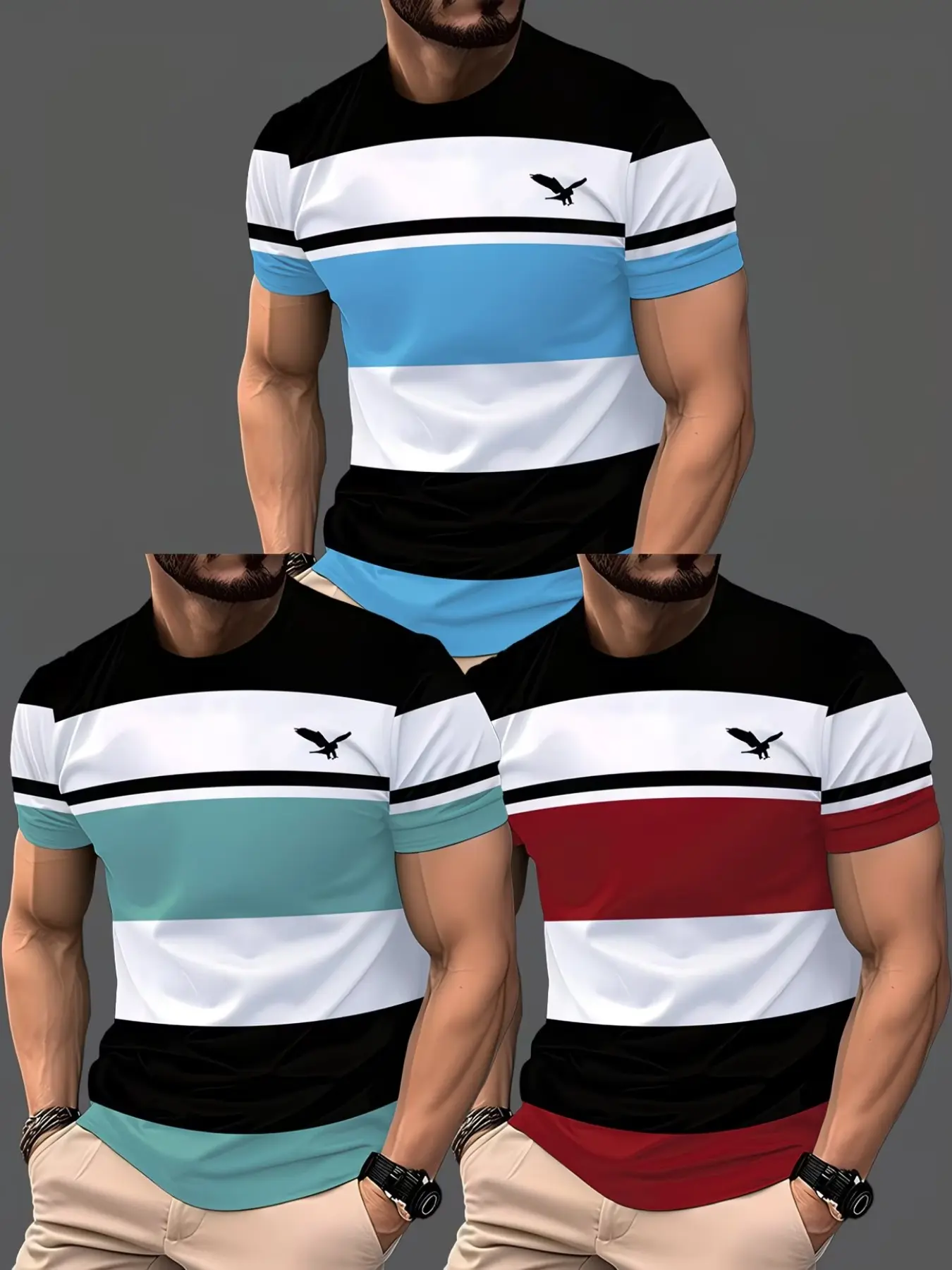 3-Pack Summer New Men's Printed Round Neck Short Sleeve T-Shirt Set, Trendy Geometric Pattern Casual Wear, All Seasons Comfortable Top