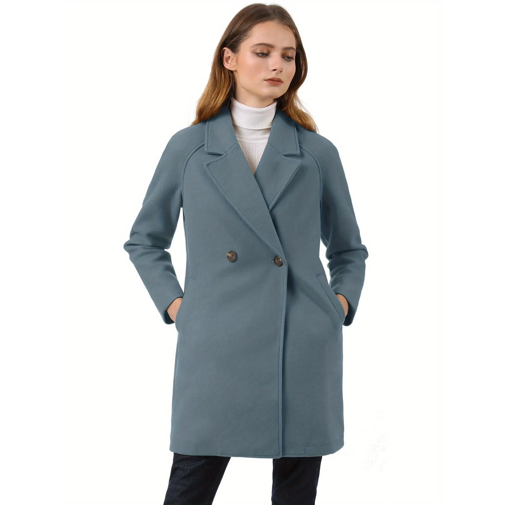 Allegra K Women'S Notched Lapel Double Breasted Raglan Trench Coats Mid-Length Overcoat Long Jacket with Slant Pockets