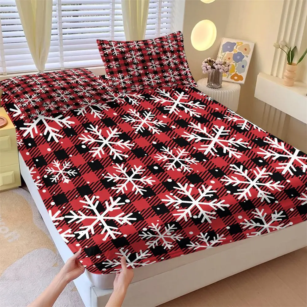 3Pcs Christmas Buffalo Plaid Snowflake Fitted Sheet Set, Soft Cozy Holiday Bed Sheets Set for Bedroom, Festive Winter Print Bedding Set, Bed Decor for Home Holiday Gift No Fillers