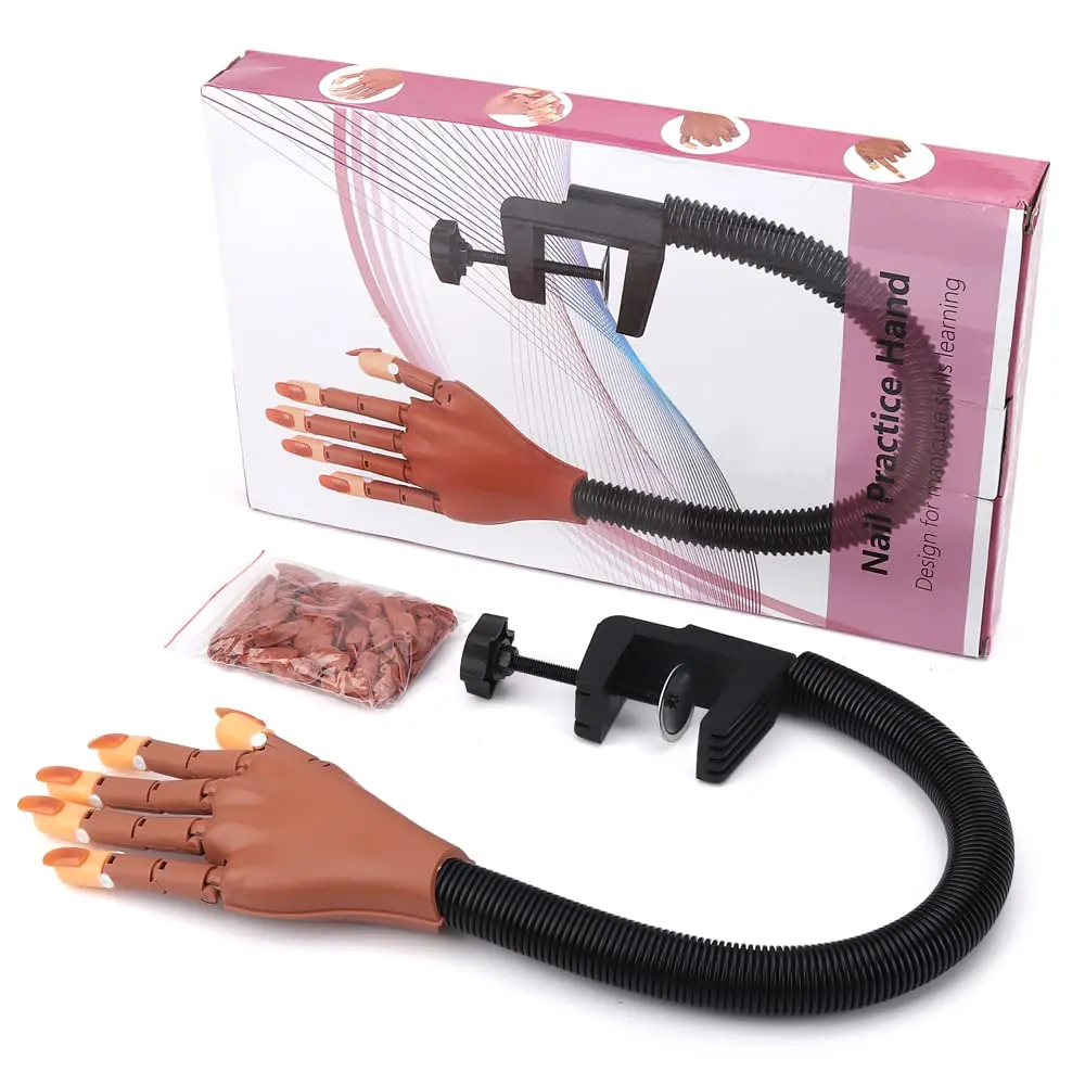 Practice Hand for Acrylic Nails - Flexible Movable Practice Nail Hand with 100 Pcs Refill Nail Tips