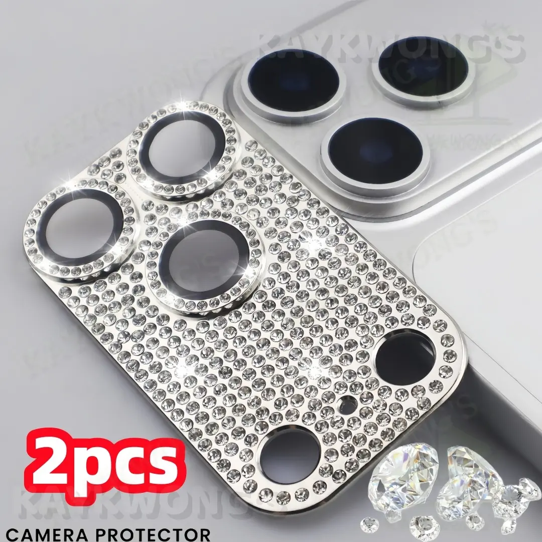 KAYKWONG'S 2-Pack Silver Color Camera Lens Protector Film, Compatible with iPhone 13 14 15 16 17 Promax Pro 16 Plus, Shiny Diamond Design, Fashionable Phone Accessory