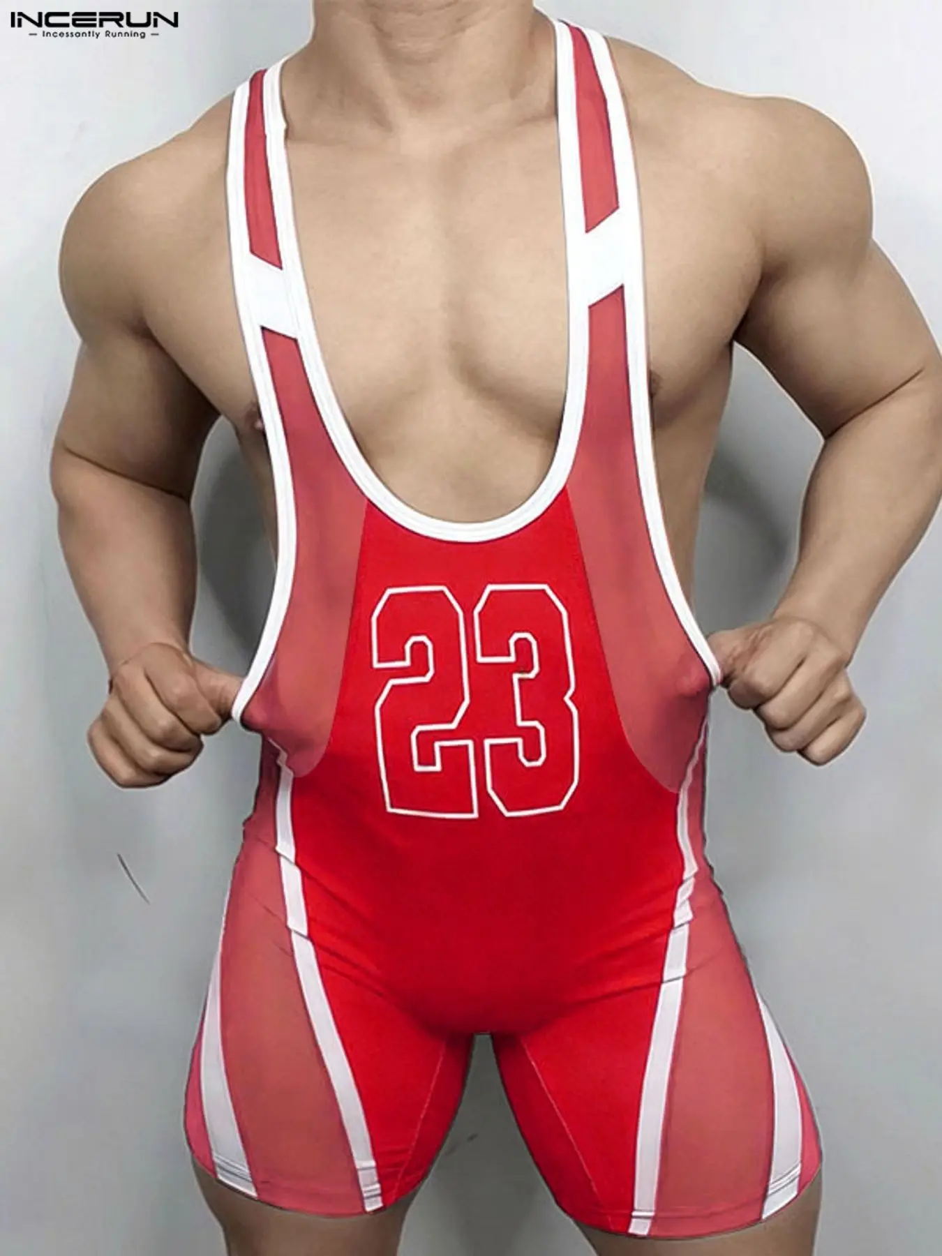 INCERUN Men's Sporty Mesh Print Number One-Piece, Outdoor Sportswear, Gym Workout Sportswear, Comfortable & Stylish Design, Perfect for Active Lifestyle, Ideal for Gym & Outdoor Activities, Casual Outdoor Activewear