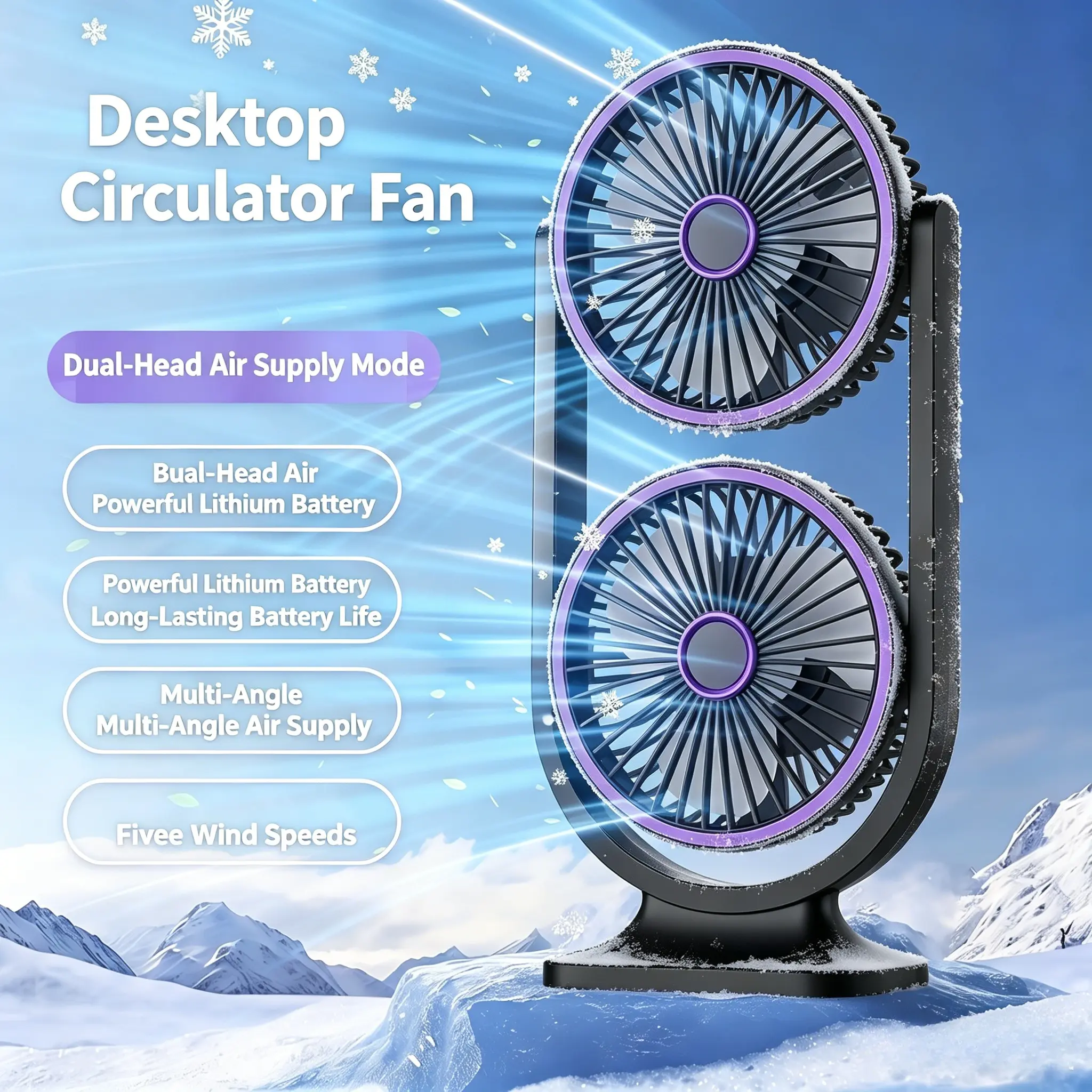 Compact Portable Dual-Head Air Circulation Fan - USB Charging, portable fans，fan for bedroom，cooling fans，ac cooling fan，rechargeable fan，5-Speed Adjustment, Soft Sound, Dual Windows Independent Control, Adjustable Night Light, Suitable for Homes/Offices