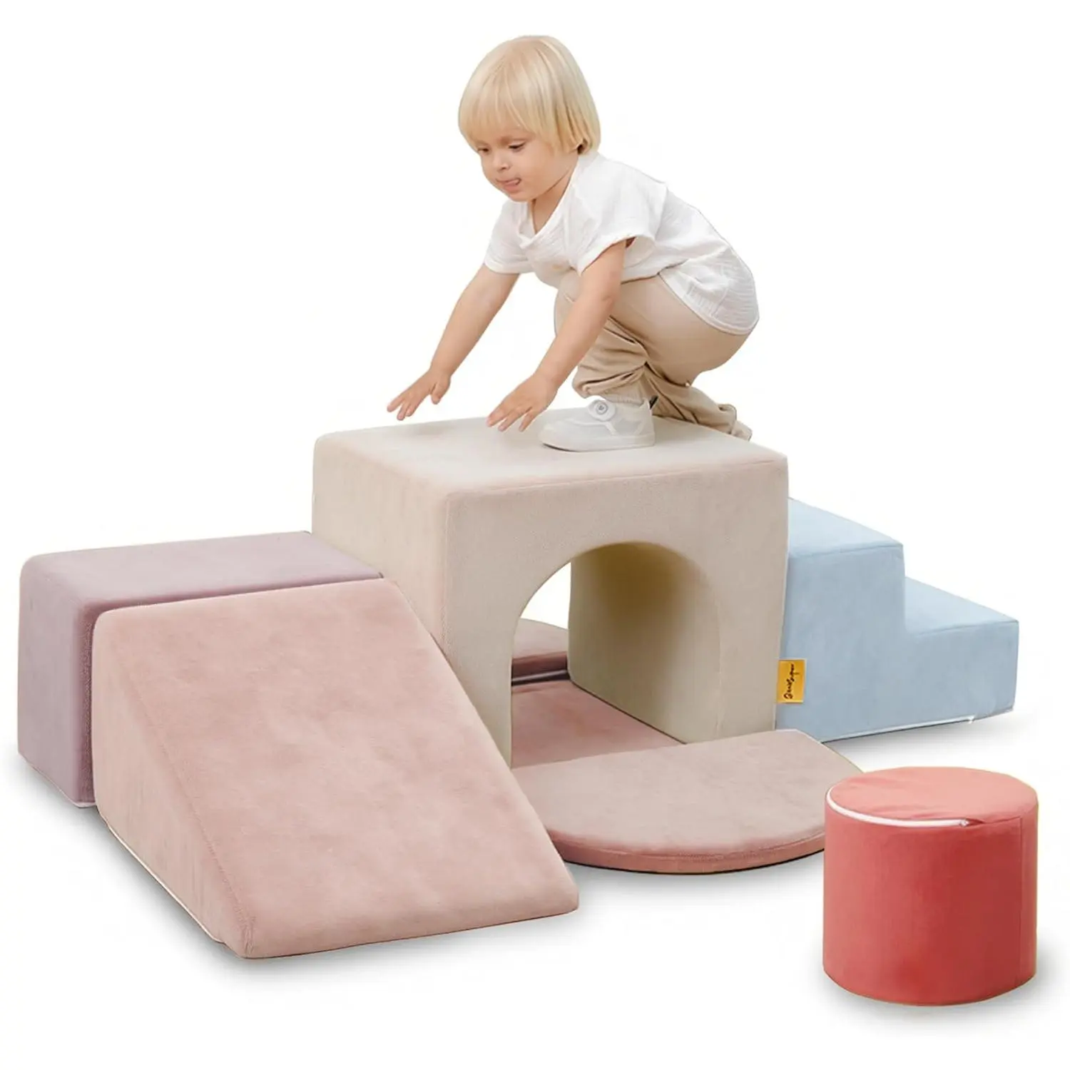 7-Piece Kids Climbing Foam Blocks Playset - Montessori Climbing Toy for 0-3 Years, Indoor Stacking Climbers, Removable Machine-Washable Gross Motor Development Baby Toys (Pink&Blue)