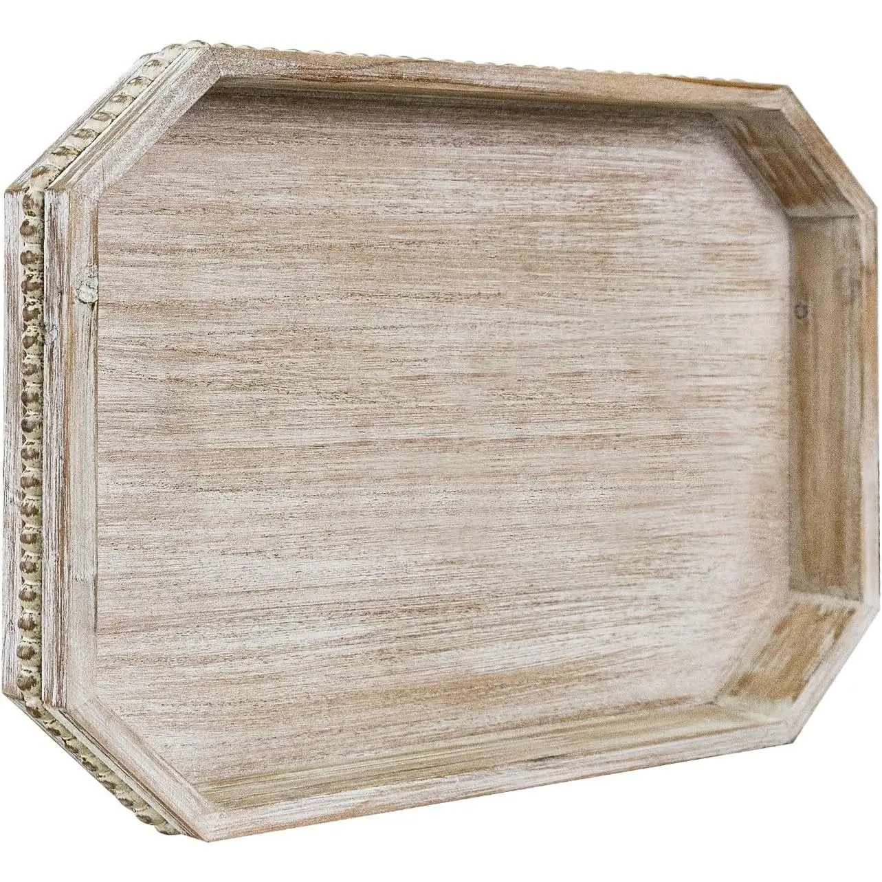 Wooden Decorative Tray, Rustic Serving Tray with Wood Bead, Farmhouse Big Tray for Ottoman, Countertop, Coffee Tabl, 16.5" x 13"x 1.6" (White Washed)