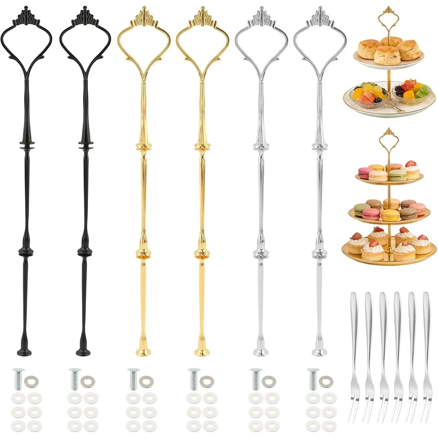 6 Sets 3 Tier Cake Stand Hardware Kit, Heavy Metal Tiered Tray Plate Stand Fittings Stacking Kit for Dessert, Cupcake, Fruit, Candy, Serving Dish DIY Display (with 6 Forks)
