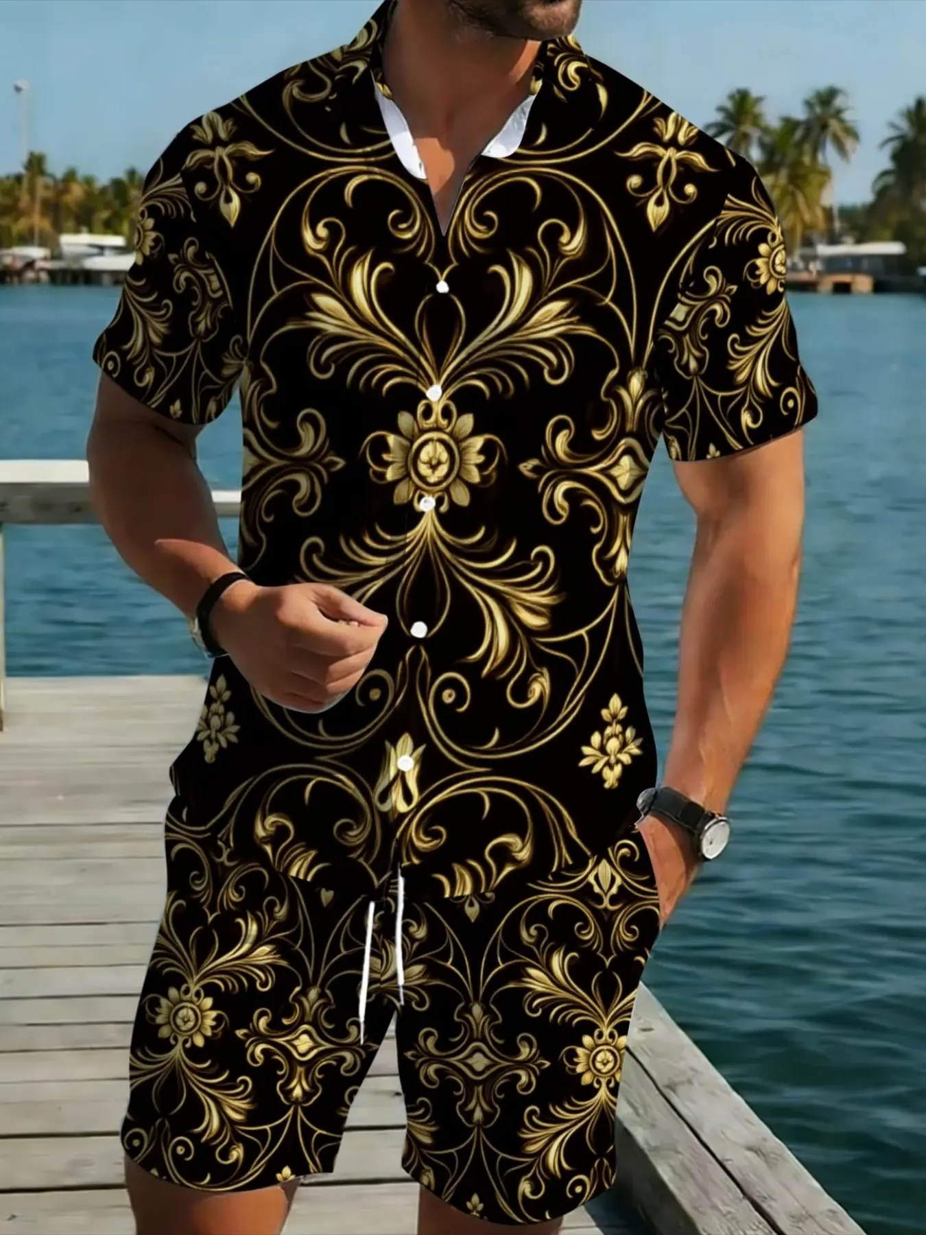 Men's Gold Floral Print Short Sleeve Shirt and Pants Set, Lightweight Polyester Casual Wear, Menswear, Comfortable for B-Type Body, Vacation or Home, Tropical