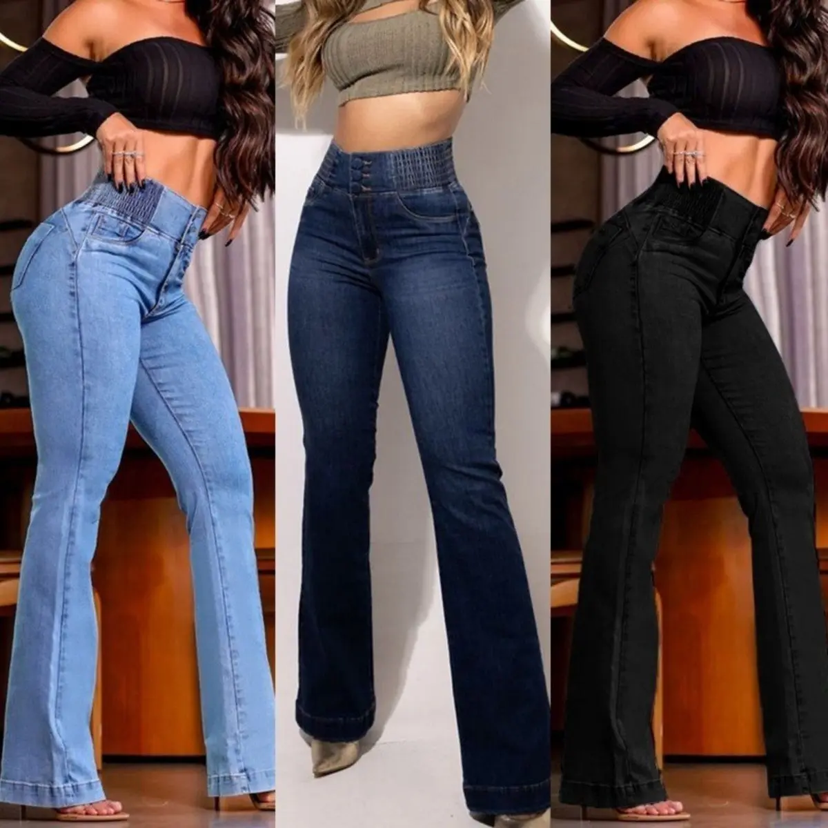 Lady's High-Waist Elastic Waistband Stretchy Slim-Fit Slightly Flared Butt-Lifting Streetwear Jeans - Basic Women's Bottom Trouser