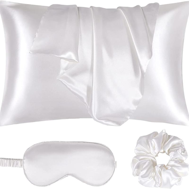 Cozy Room Accessories Solid Color Satin Pillowcase without Filler, 4 Counts Home Accessories Including 2 Pillowcase & 1 Hair Ring & 1 Eye Mask, Room Decor, Valentine's Day Gift