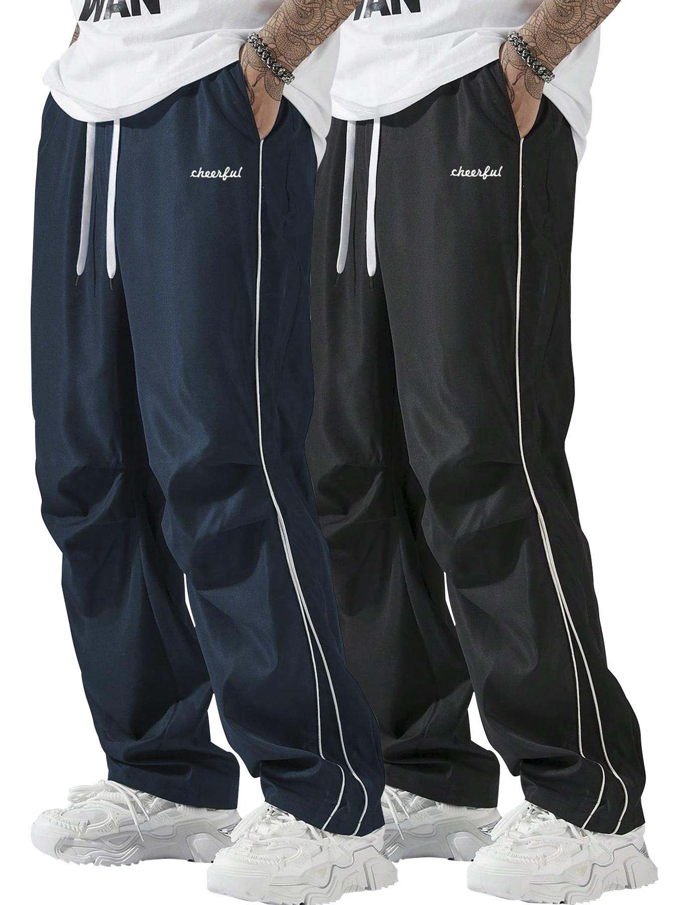 Men's Letter Embroidery Drawstring Waist Wide Leg Cargo Pants, Casual Comfy Pocket Trousers for Daily Wear, Woven Bottoms for All Seasons, Casual Streetwear Trousers