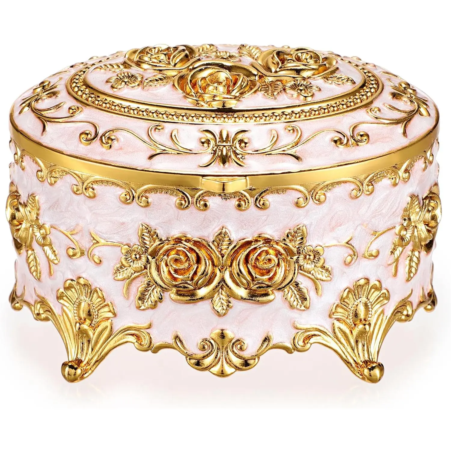 Metal  Box - Oval Trinket Organizer Ring Box Case |  Storage Box with Rose  for Ring Earrings Necklace,  for Women