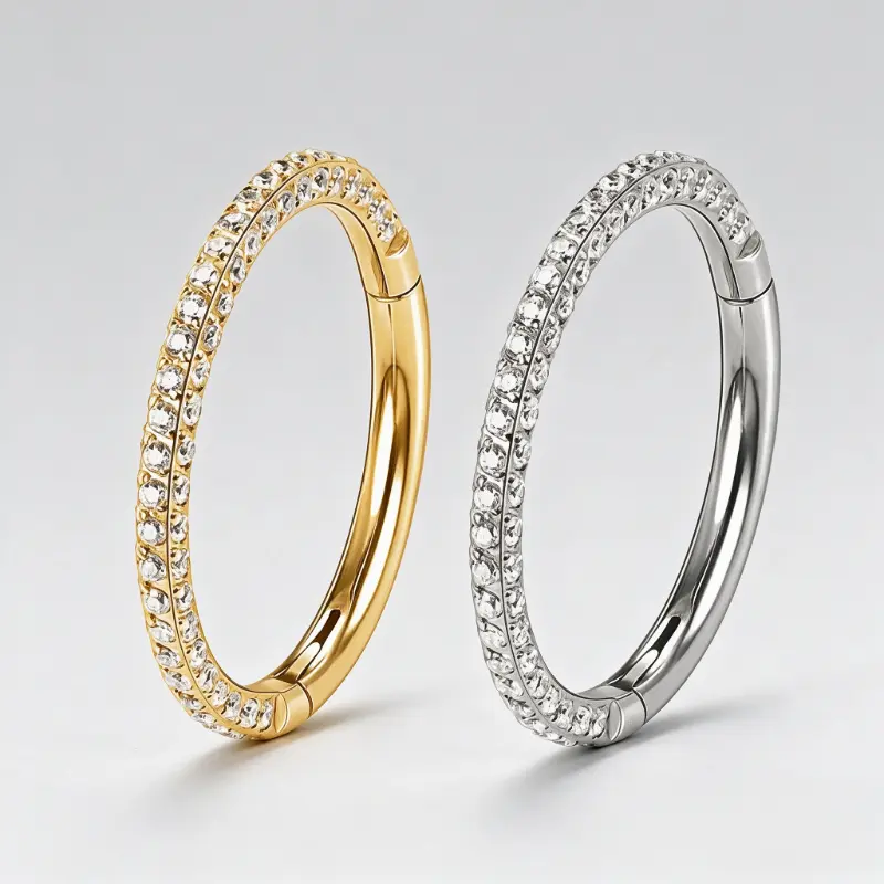 Titanium Triple Row CZ Clicker Hoop Earring Nose Ring, Inlaid Crystal Septum Piercing Jewelry