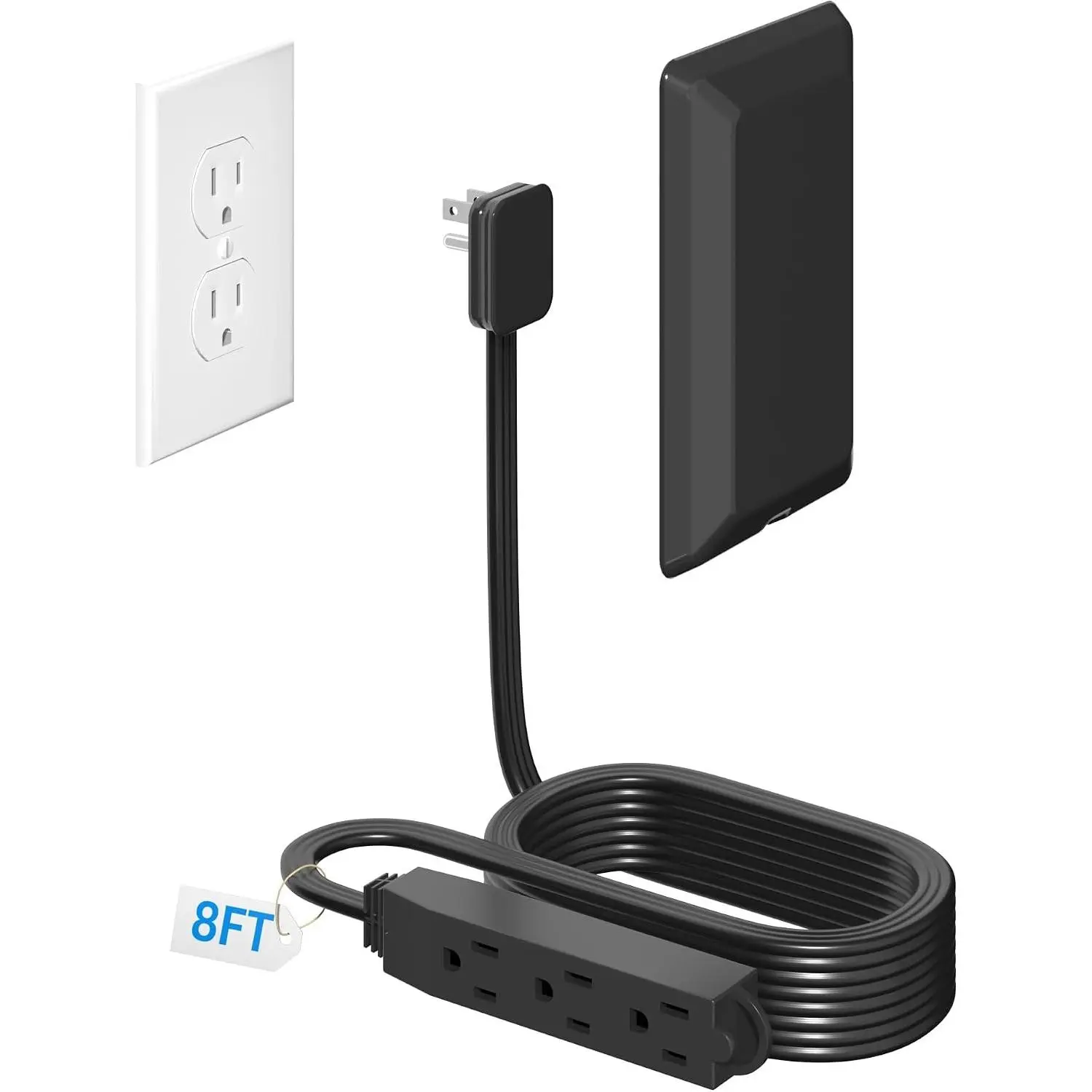 3FT Flat Plug Extension Cord with Ultra-Thin Concealer Kit - 3-Outlet Power Strip, Surface Mount Plugs, Multi-Outlets Plugs, Power Outlet Cover Plugs, ETL Listed Black Home Bedroom Electrical Accessory