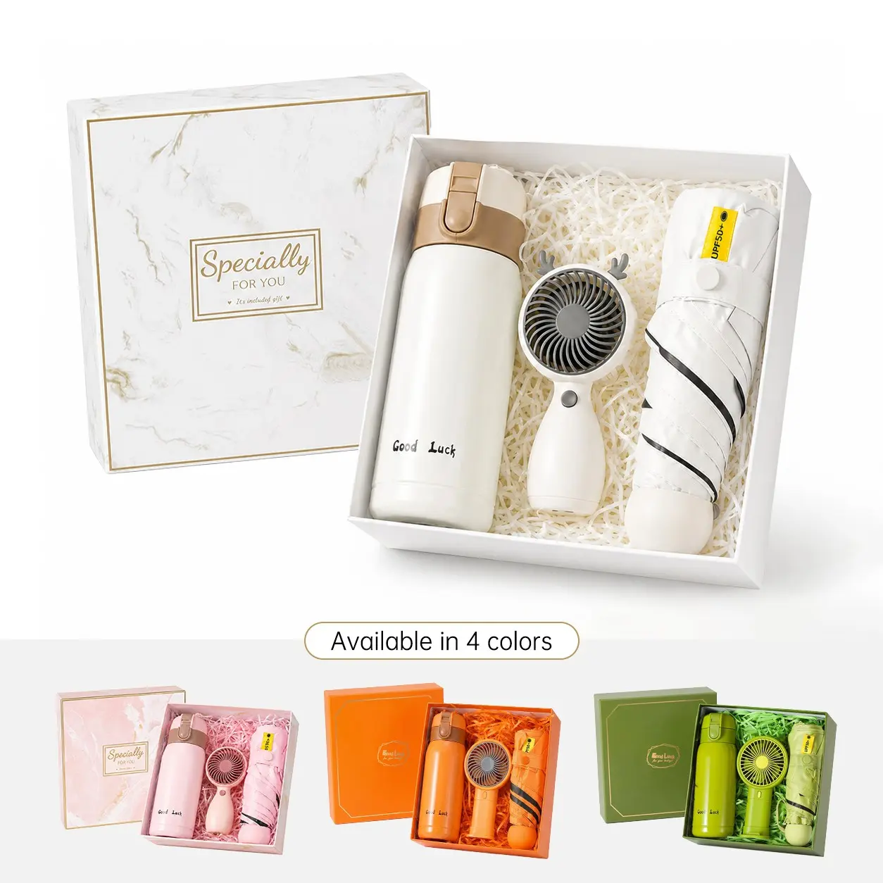 Summer Gift Set for Women Girls, Graduation Gifts, Party Gift Packs, Insulated Thermos Bottle, Mini Handheld Fan, Folding Umbrella, 3-In-1 Premium Gift Box, Thoughtful Present