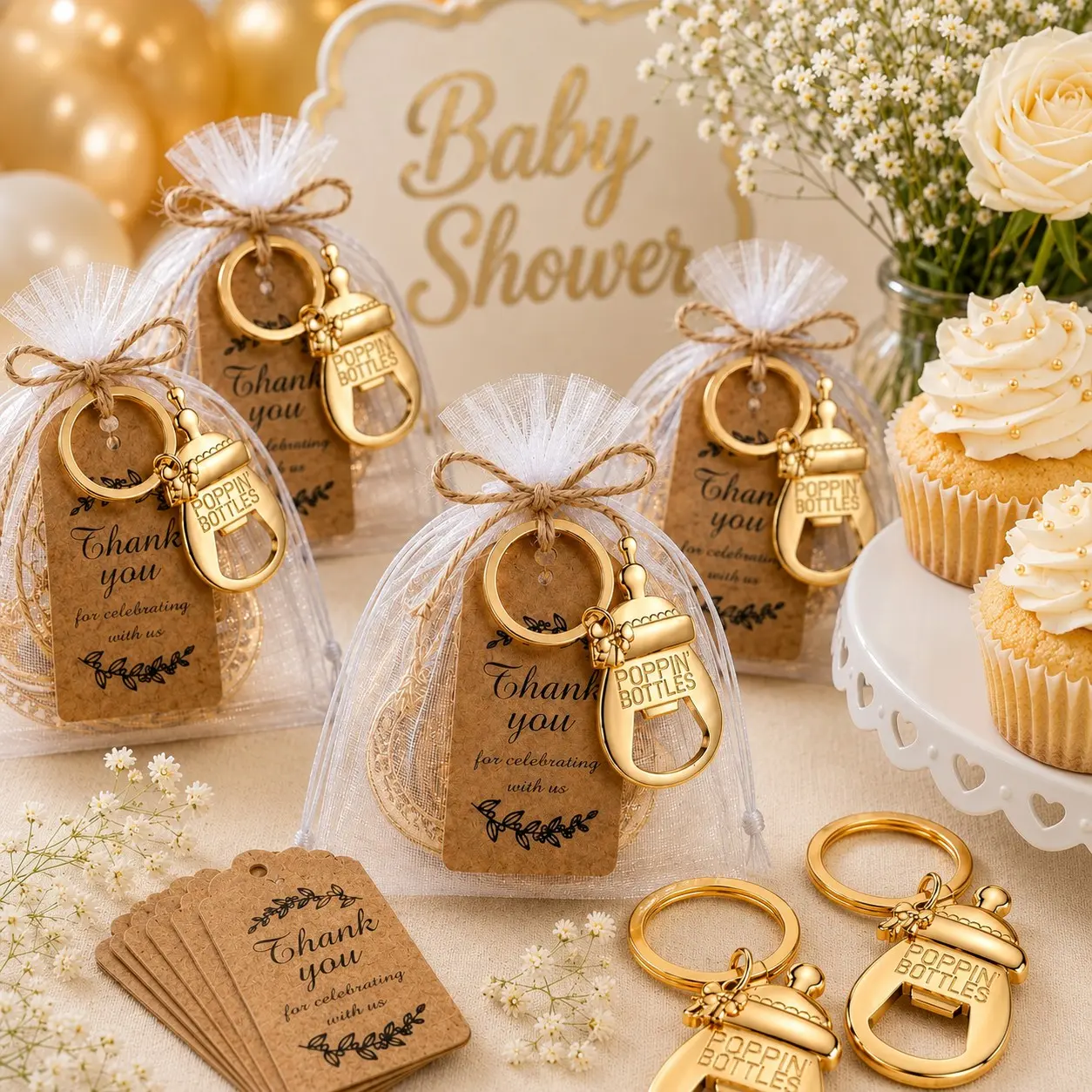 40pcs/10Sets Baby Shower Favors for Guests, Gold Baby Bottle Opener Keychains with White Organza Gift Bags, Kraft Thank You Cards and Jute Twine, Gender Reveal Party Gifts, Baptism and Christening Favors, Birthday and Guest Keepsakes