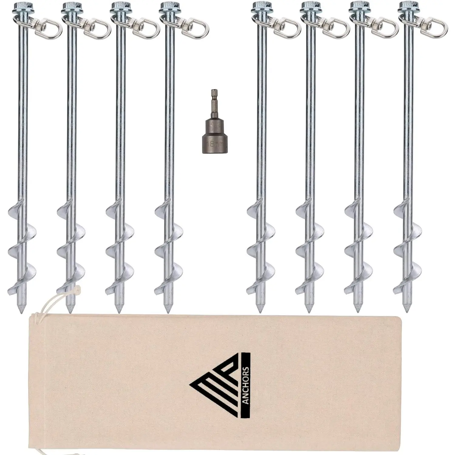 12" Set of 8 Heavy Duty Ground Stakes - Screw in Anchors for Mobile Homes, Sheds, Swing Sets, Trees & Canopies - Includes Drill Bit
