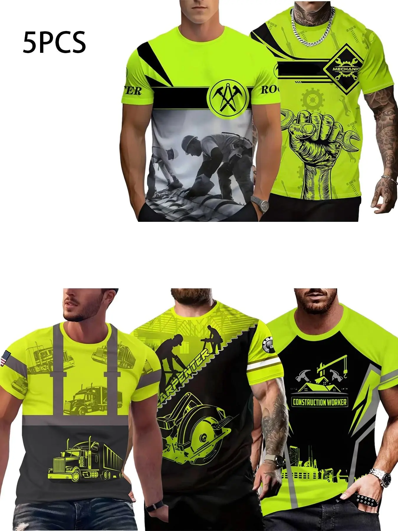 5-Pack Men's Construction Worker Theme Short Sleeve T-Shirts, Fluorescent Workwear Print Round Neck, Casual Breathable Tee Set