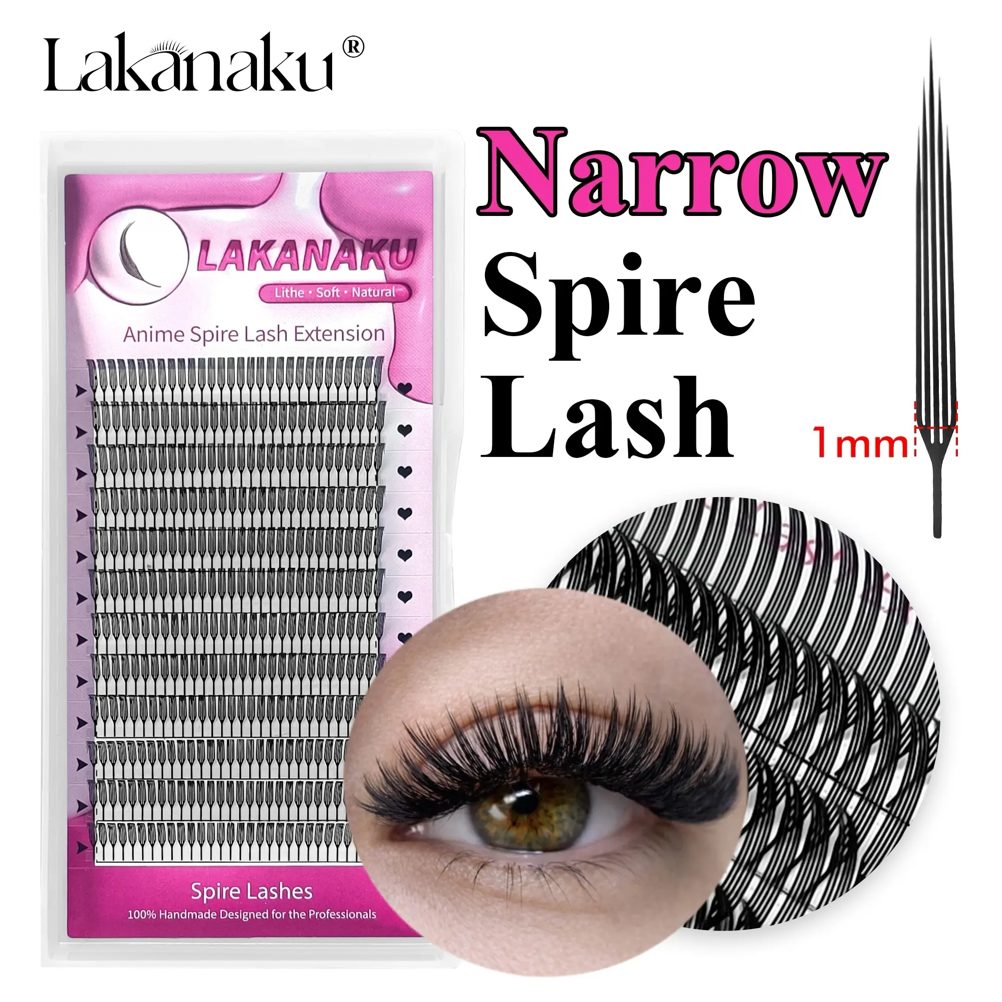 LAKANAKU Narrow Spire Lashes 1mm Manhua Lashes die-cut fibers lasery die cut eyelashes Spire Lashes Comic Eyelashes