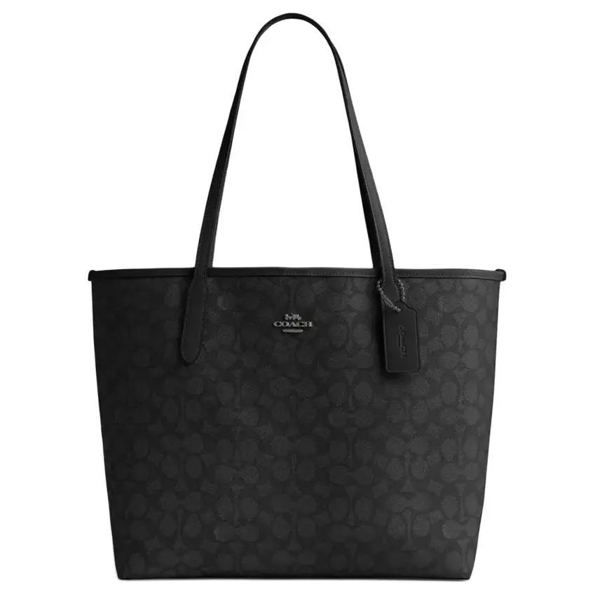 COACH City 33 Logo Magnetic-Closure Faux Leather Tote Bag for Women, Large, Charcoal Black