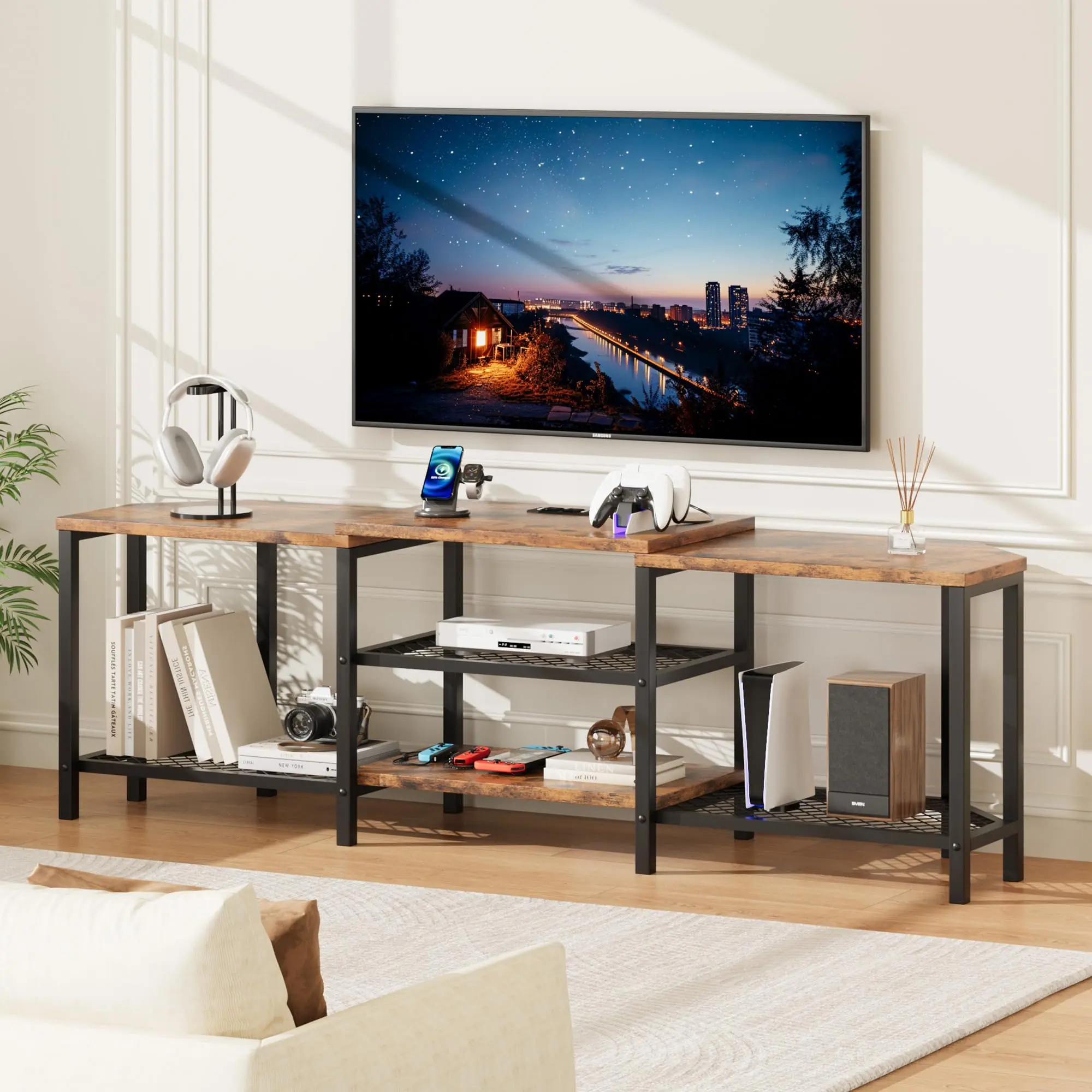 Modern Rustic TV Stand Fits Up to 75 Inch TV, Corner LED Entertainment Center with Power Outlets & 4 Open Storage Shelves, Vintage Style Media Console Table for Living Room or Bedroom - Vintage Vintage Color