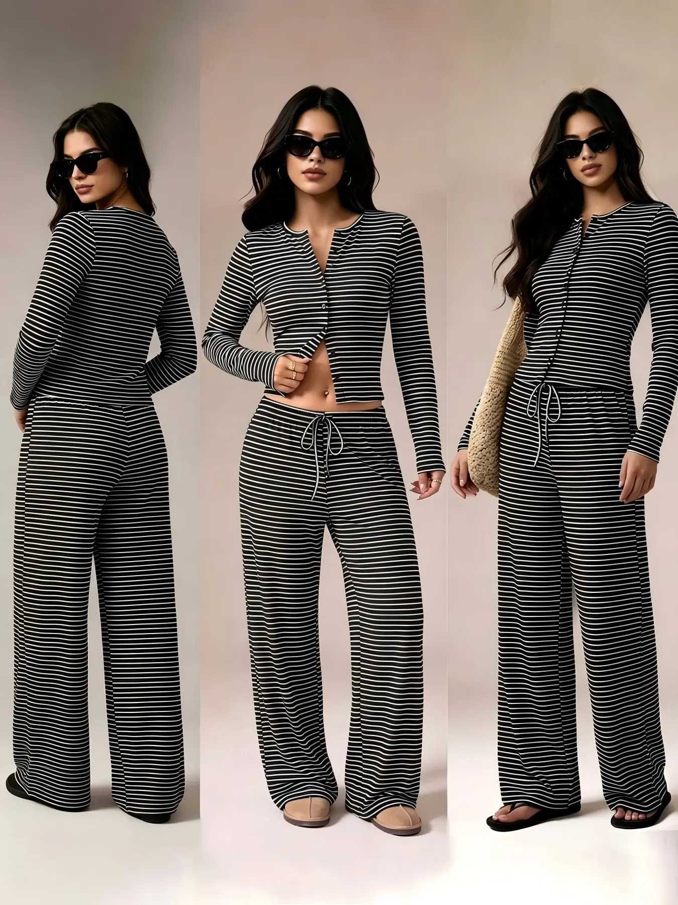 Women's Fall Winter Striped Two-Piece Set, Everyday Cardigan Long Sleeve Top + Loose Pants, Drawstring Waist, Pockets, Comfortable Fabric