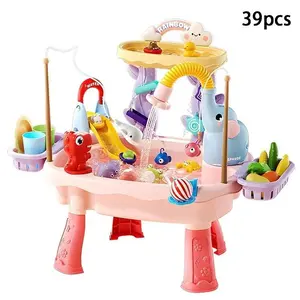 4-in-1 Electric Water Table with Circulating Function, Play Kitchen Sink for Pretend Play, Sensory Table with Electric Water Pump and Faucet for Children Ages 3+, Kitchen Play Sink Toy with Food Accessories, Fishing Toy (Batteries Not Included)