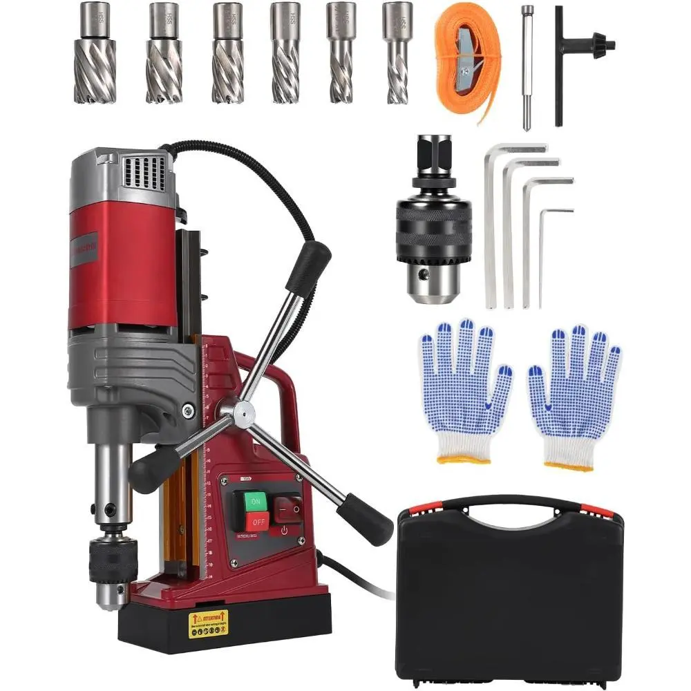 Portable Magnetic Drill Press Power Drilling Tool, 1.57" Boring Diameter, 1450W Motor, 820RPM, 13000N Magnetic Base, Twist Drill Adapter, 10-Speed Control, Accurate Straight Holes, Ideal for Steel & Metal