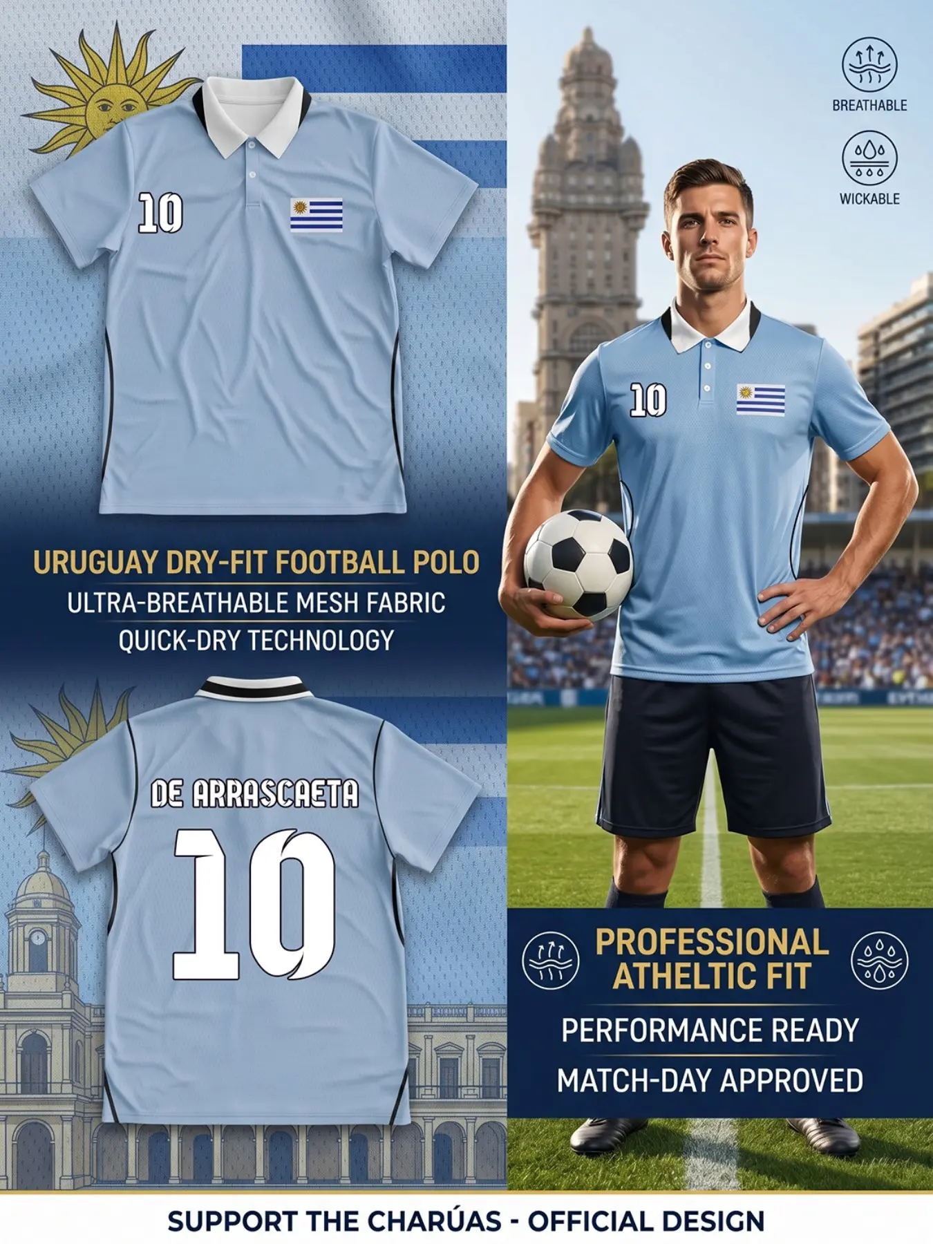 2026 Uruguay Men's Football Polo Shirt, Super Breathable Mesh Quick-Drying Football T-Shirt, Sporty Casual Sports Top, Fan Gear, Breathable Athletic Top, Fan Sportswear Top, Athletic Active Tops