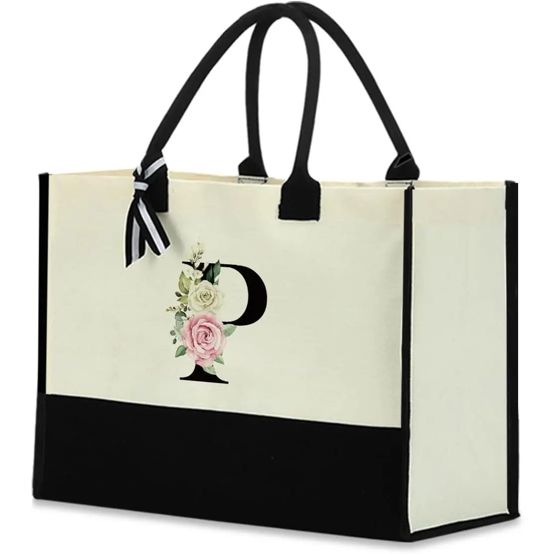Personalized Floral Initial Tote Bag Monogrammed Beach Bag Custom Gift for Women Bridesmaids Wedding(Gift)