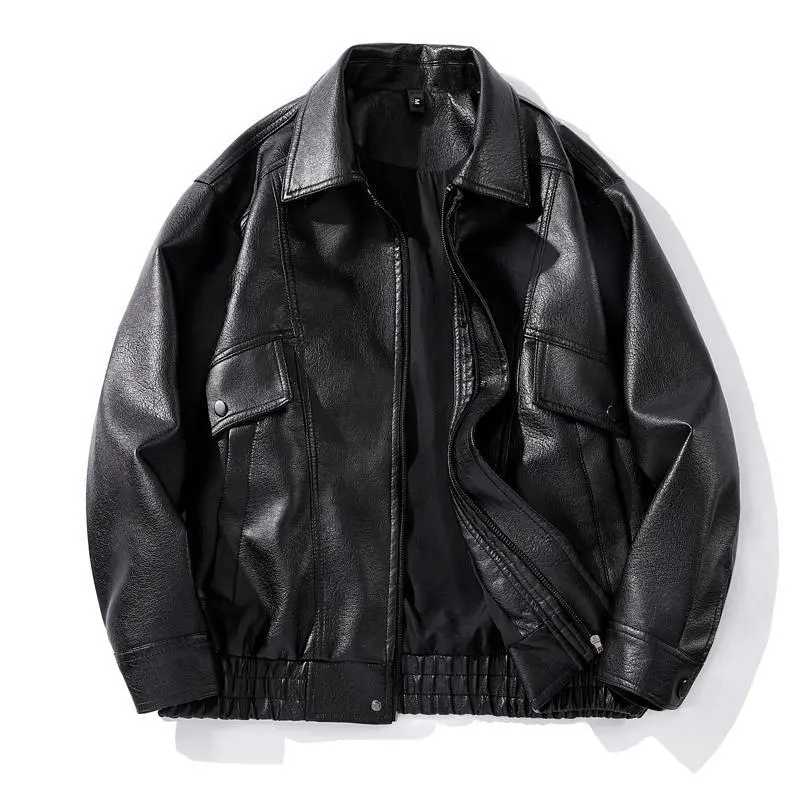 BIGWIG men's autumn and winter casual faux leather bomber jacket, fashionable modern motorcycle flight jacket, casual loose soft motorcycle jacket, lapel button zipper long sleeve with pocket jacket, PU leather