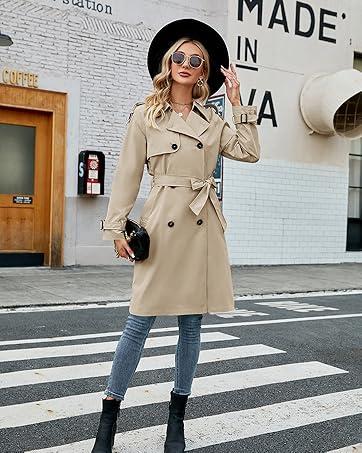 Imily Bela Women's Double Breasted Long Trench Coat Windproof Classic Lapel Slim Overcoat with Belt