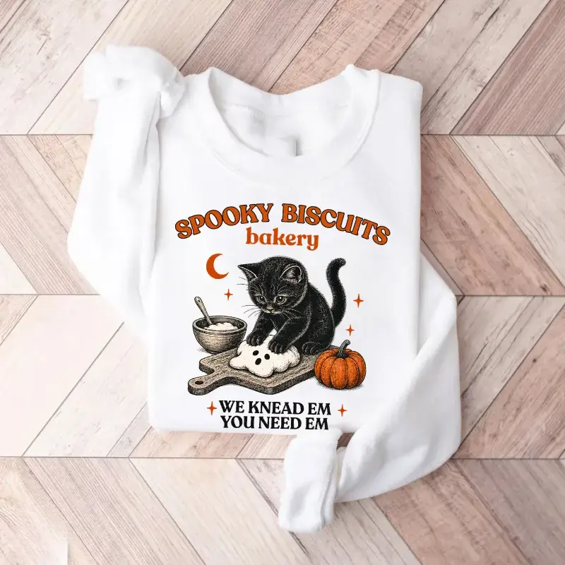 Kitty Biscuits Sweatshirt, Spooky Season Black Cat Halloween Crewneck, Vintage Baking Pumpkin Pullover, Cute Cat Lover Fall Sweatshirt Gift