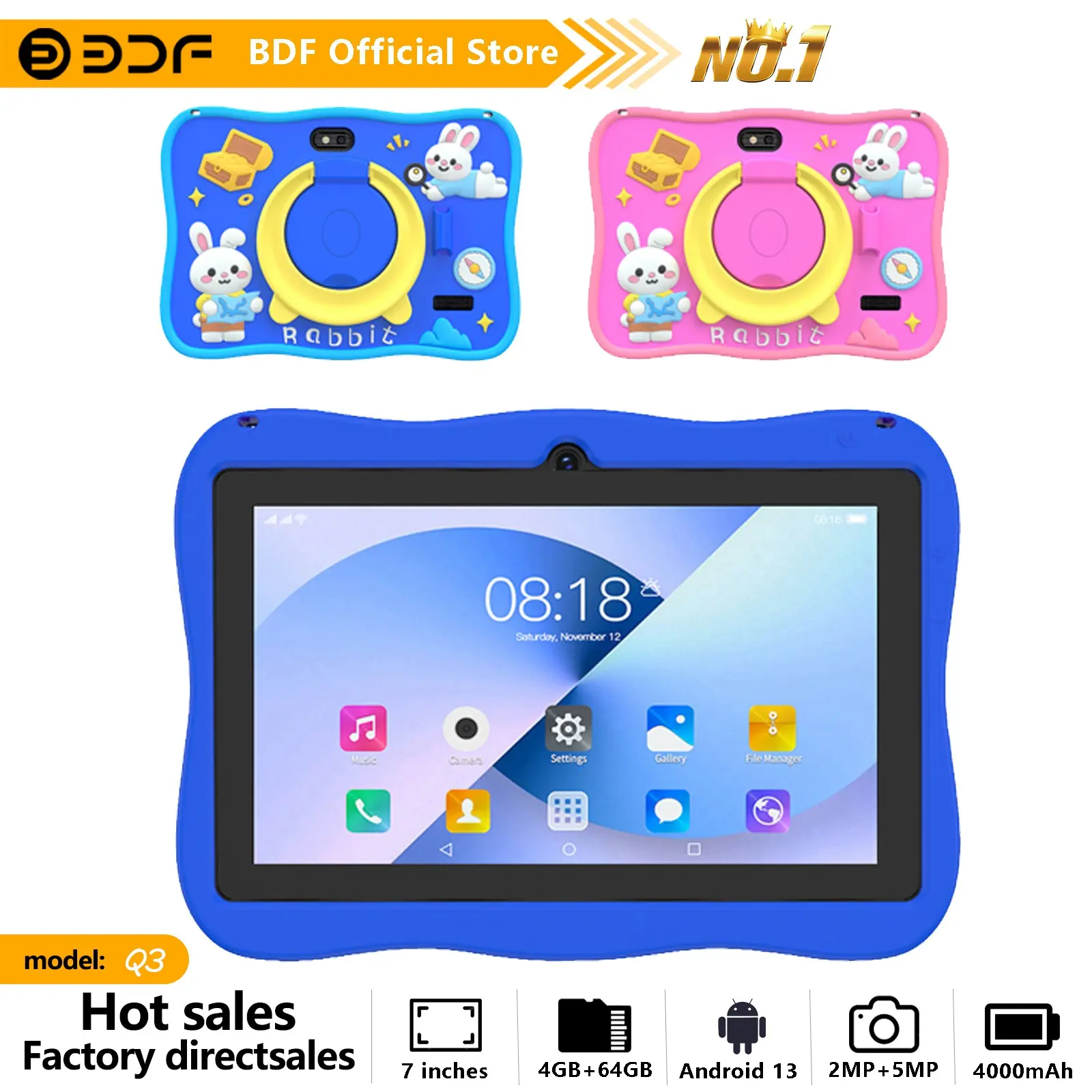 Educational Tablet, Android Learning Tablet, 7-Inch Android 13, 4GB RAM 64GB Storage, Quad-Core Processor, HD Screen, Dual Cameras, Long Battery Life