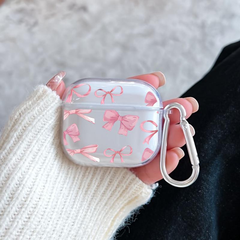 Pink Bow Delight Pattern Protective Case for AirPods 4/3/2/1/Pro/Pro2 Soft TPU Earphone Cover, Transparent with Keychain