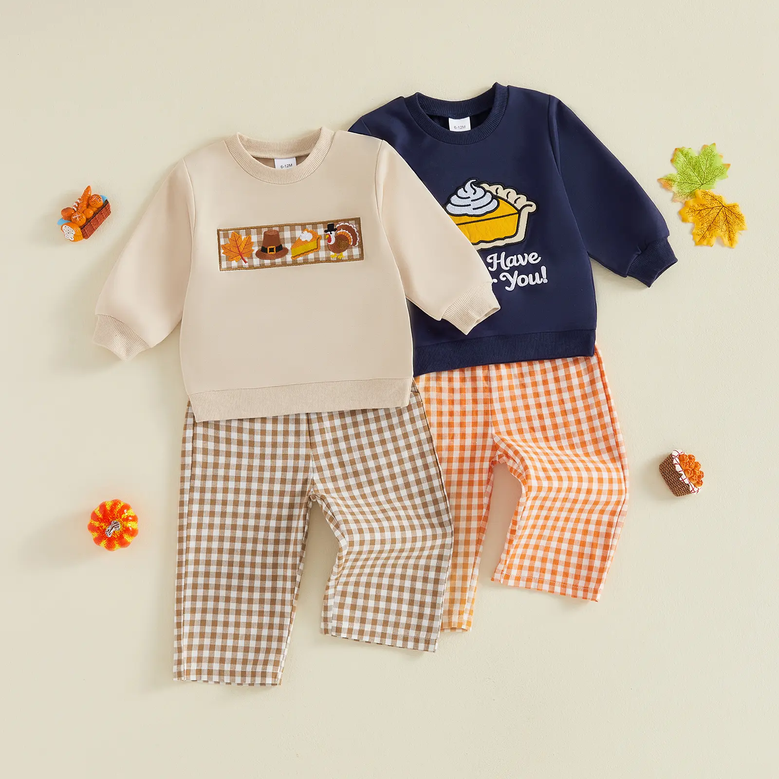 REDWOON Toddler Baby Little Boys Thanksgiving Outfit Long Sleeve Crew Neck Sweatshirt Gingham Plaid Pants Two Piece Fall Clothes Set