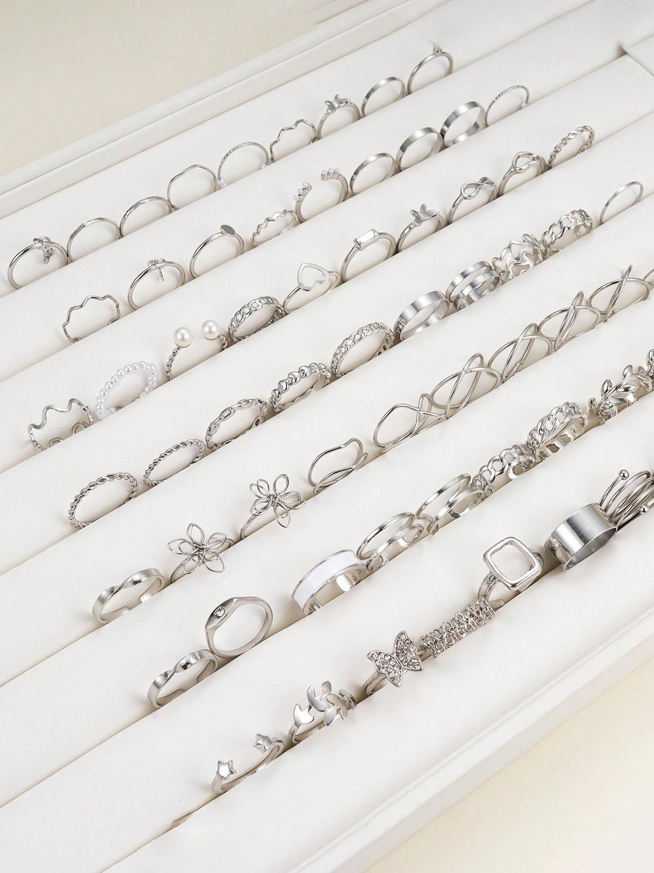 66pcs Women's Elegant Fashion Butterfly Heart Design Rhinestone Decorated Rings, Casual Versatile Hollow out Geometric Design Rings, Fashion Accessories for Women & Girls