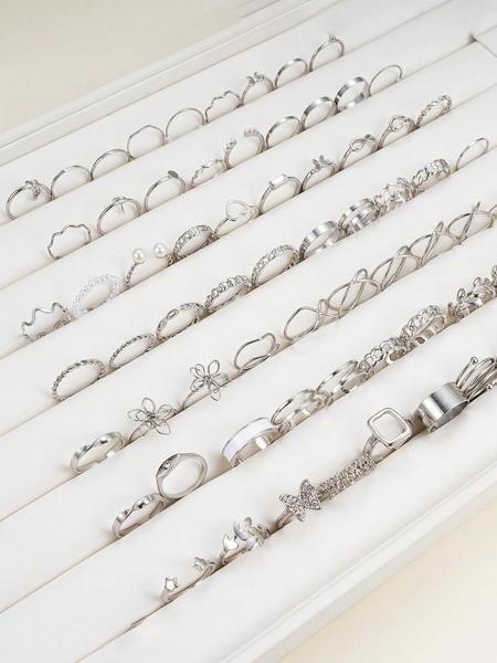 66pcs Women's Elegant Fashion Butterfly Heart Design Rhinestone Decorated Rings, Casual Versatile Hollow out Geometric Design Rings, Fashion Accessories for Women & Girls