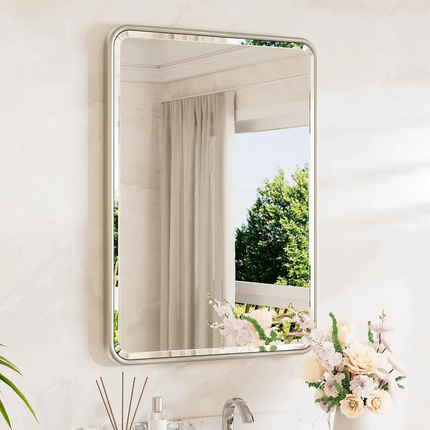 Brushed Nickel Mirror 20 x 30 Beveled Edge Tempered Glass, Rounded Corner Rectangle Bathroom Mirror for Over Sink for Modern Bathroom, Living Room, Bedroom, Entryway