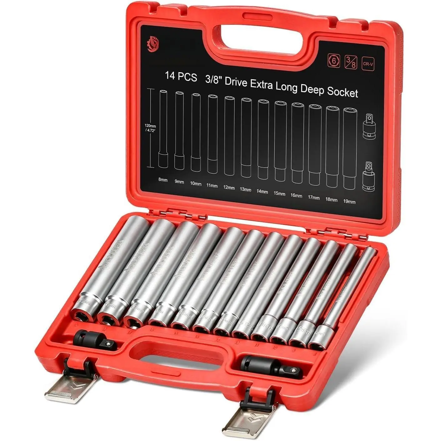 14 count 3/8'' Drive Extra Deep Metric Socket Set, 12 Point, 8mm to 17mm, No Skipped Sizes,120MM Deep CR-V Socket for Automotive and Industrial Applications