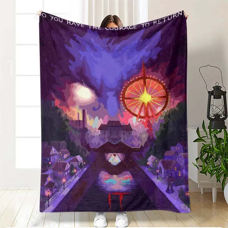 IT Pennywise Derry Town Flannel Blanket, Horror Movie Carnival Ferris Wheel Landscape Throw Blanket, Stephen King Horror Fan Sofa Bed Blanket