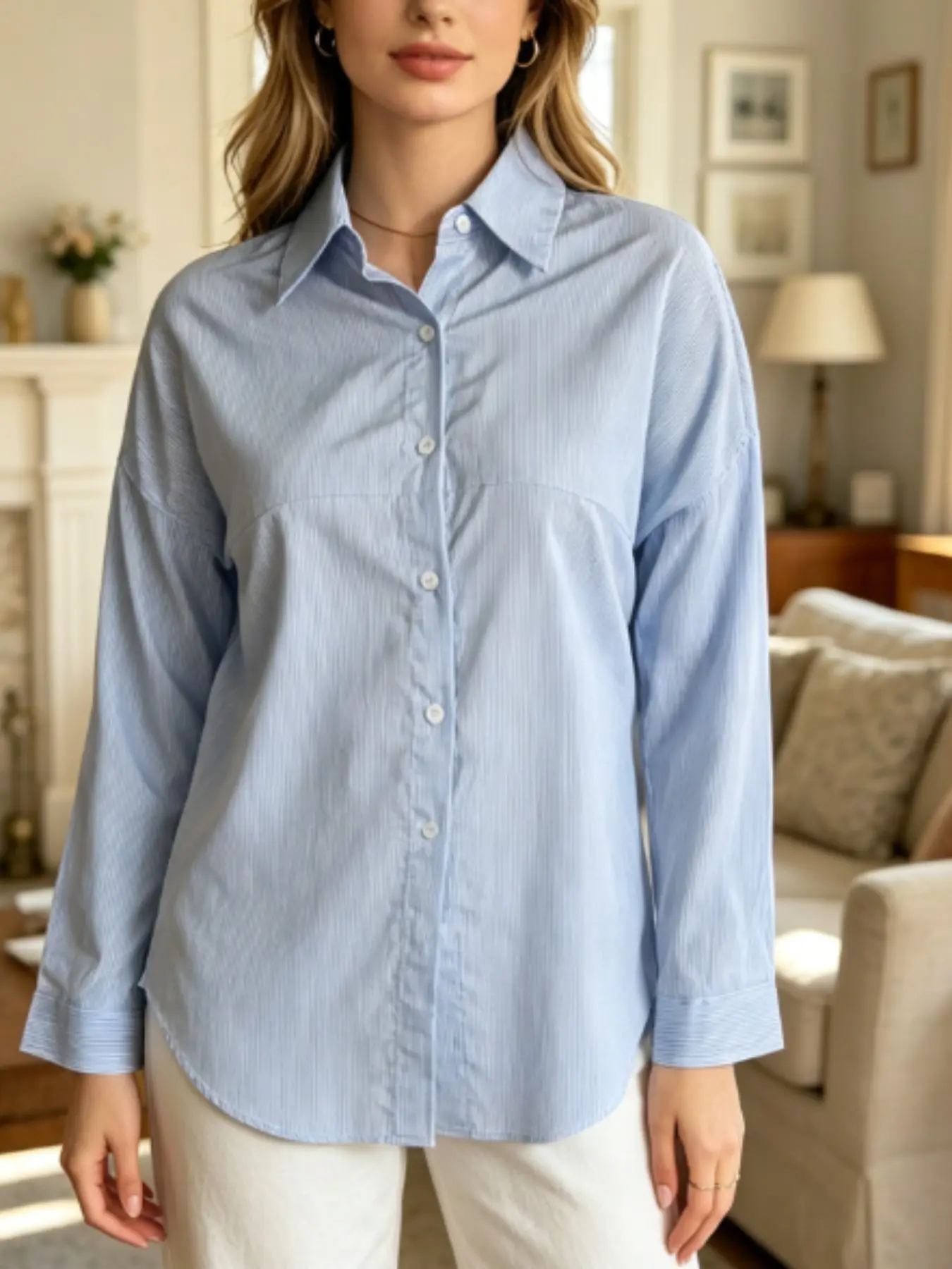 French Blue Striped Long Sleeve Shirt Blouses, Casual Office Basic, Slimming Vertical Stripes, Versatile Business & Daily Wear, Soft Breathable Lightweight Fabric