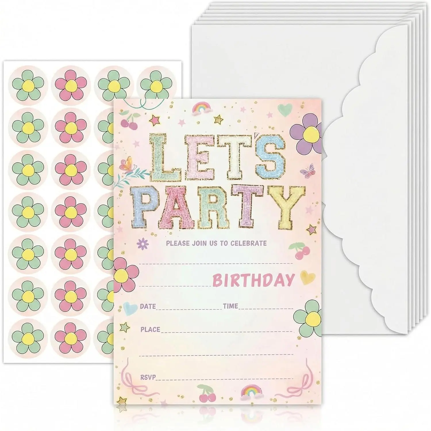 Birthday Invitations Cute Flower 20Pcs Double-Sided Fill-In Invitation Cards & Envelopes For Boys Girls Birthday Party Favor Supplies 6 x 4 Inch