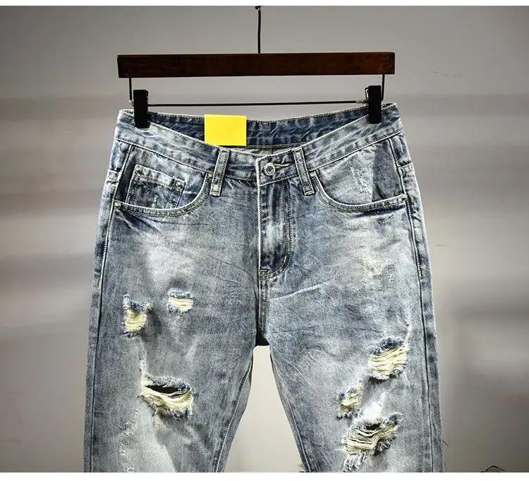 Men's Shaved Trendy Ripped Jeans Ruffian Handsome Summer Slim-fitting Pants Trendy Brand Man Clothes Designer Beggar Pants Men