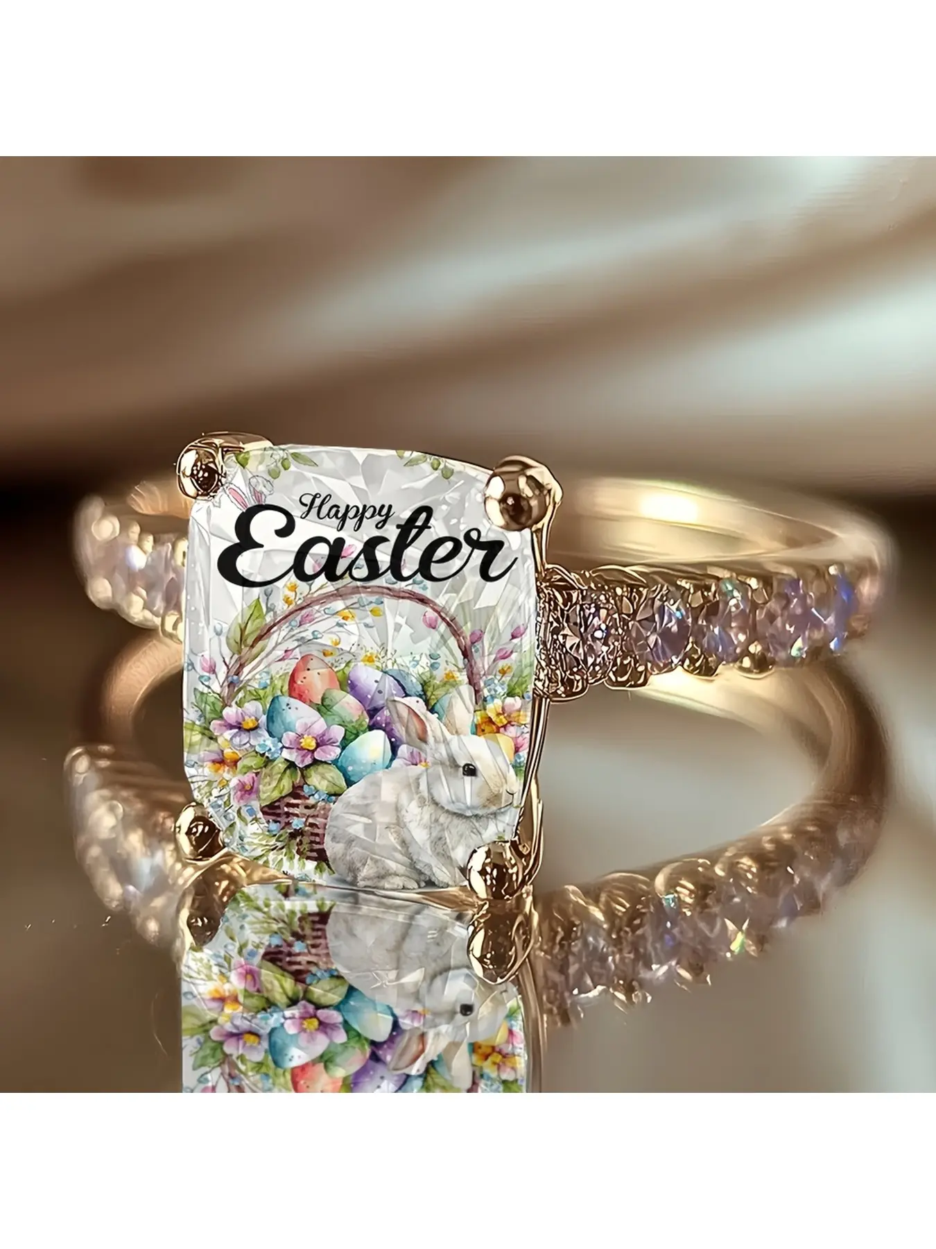Easter Bunny Easter Egg Watercolor Print Ring, Spring Festival Decorative Diamond Ring