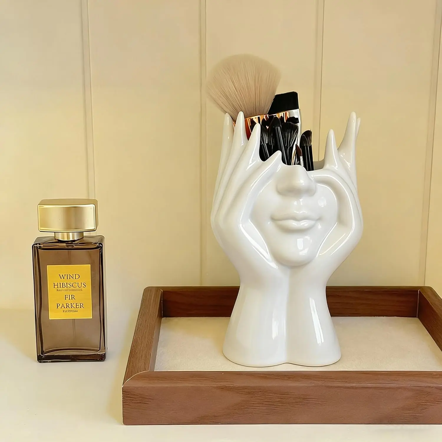 Ceramic Makeup Brush Holder for Vanity, Decorative Cosmetic Organizer with Aesthetic White Design, Makeup Storage Container for Bathroom Countertop