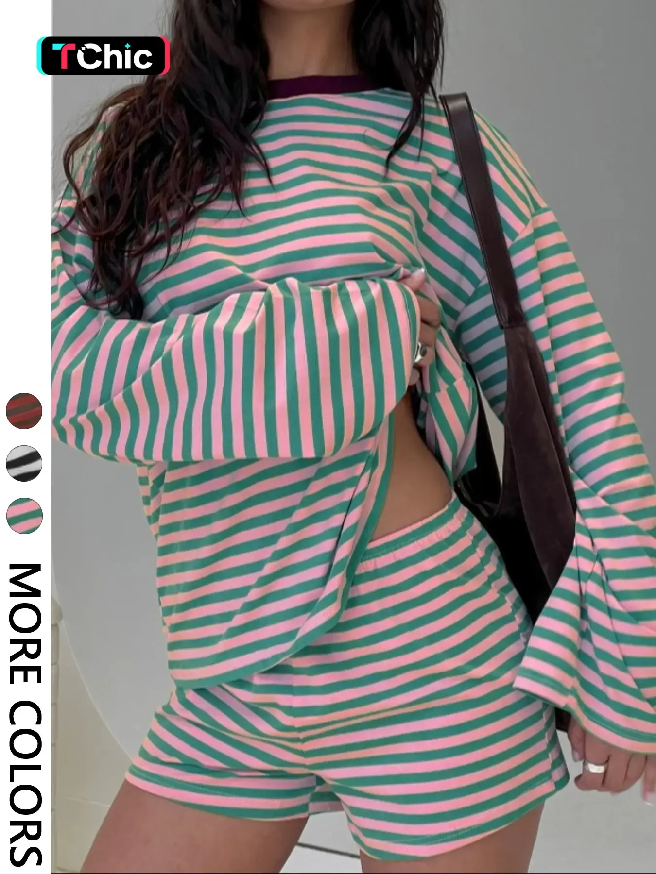 Valentine's Day Women's Casual Striped Long Sleeve Top & Shorts Set, Loose Fit, All Season, Comfortable Travel Clothing for Daily Wear
