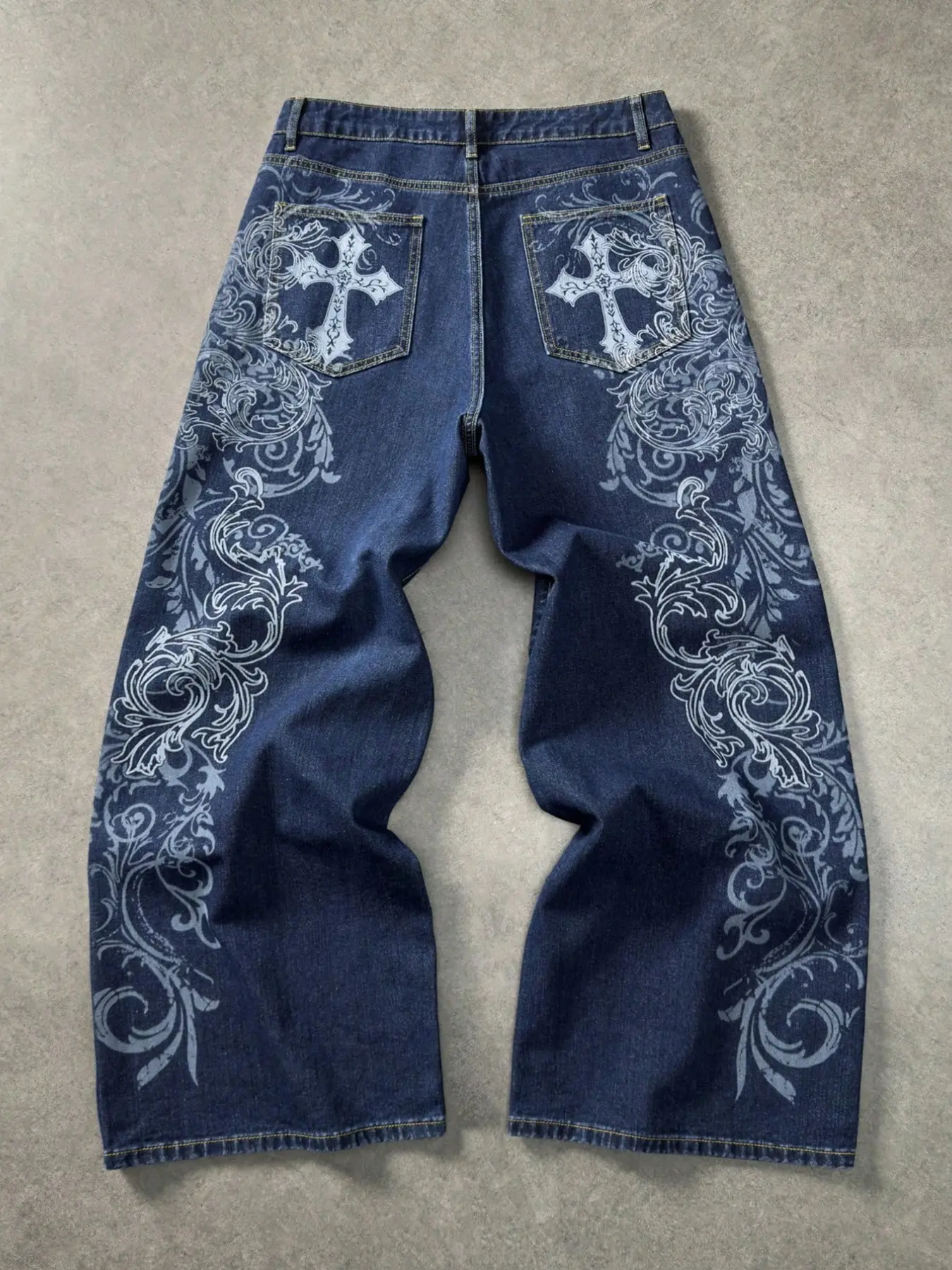 American Men's Denim Jeans Pants, Cross Pattern Print, All-Season Streetwear Street Style, Y2K Fashion, Loose-Fit, Zipper Fly, Plain Surface