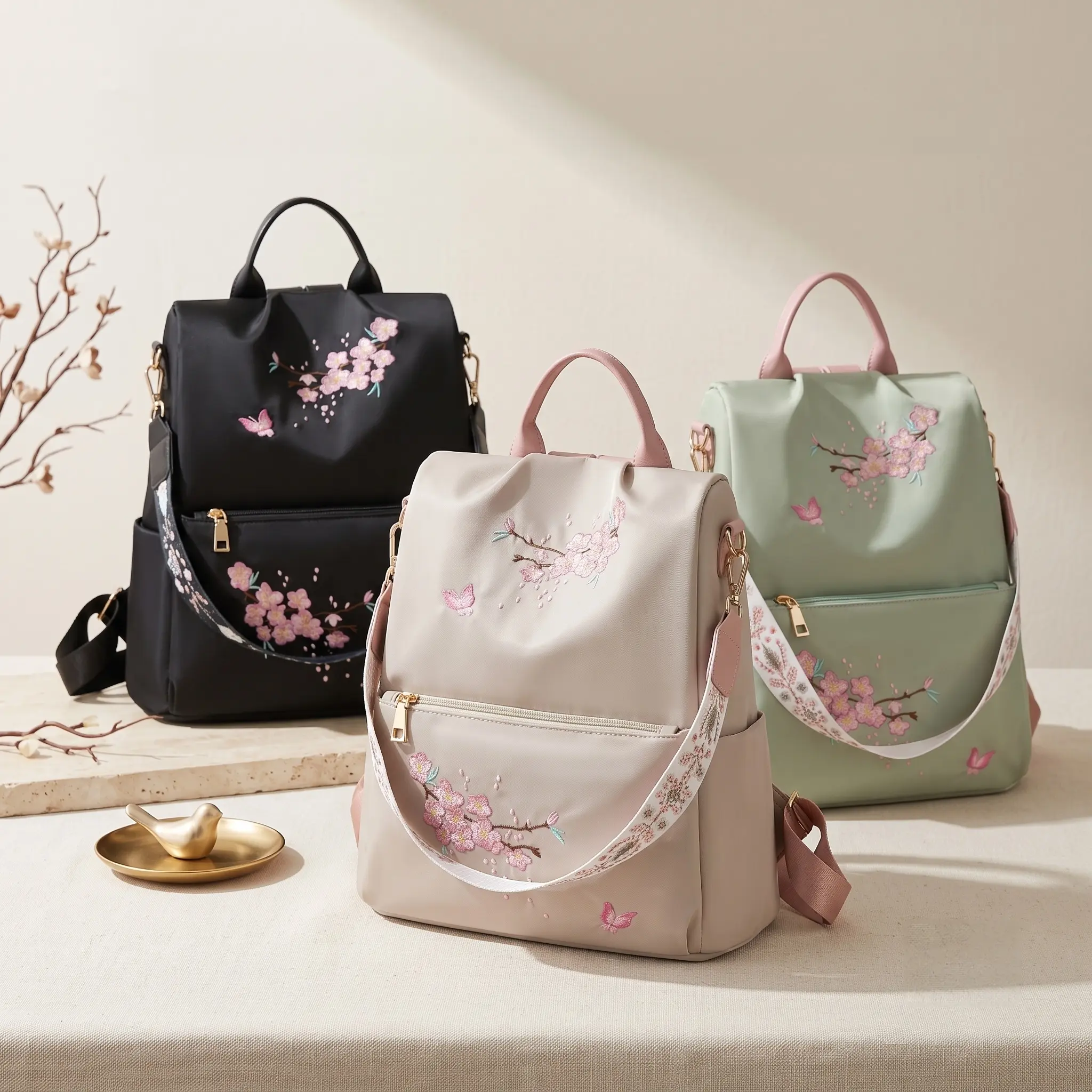 Elegant Large Capacity Shoulder Bags For Women  Simple Stylish Commuter Backpack Nylon Breathable Zipper Closure Embroidery Green Black Off White